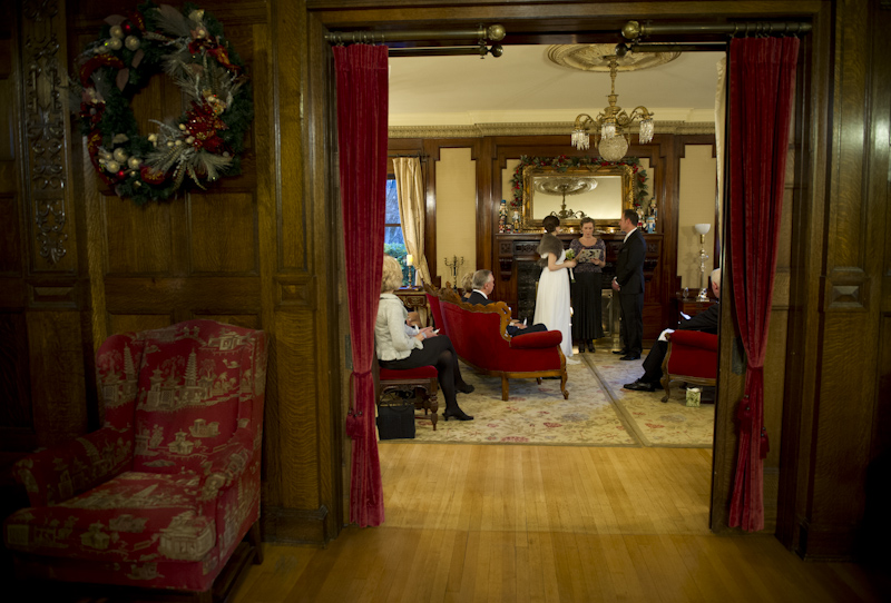 There ceremony took place in front of a roaring fire in the living room of the mansion.