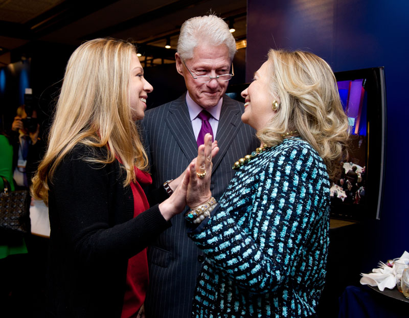 Chelsea Clinton with her parents, former President Bill Clinton and Secretary of State Hillary Clinton, backstage at the Clinton Global Initiative annual meeting in New York on September 24, 2012.