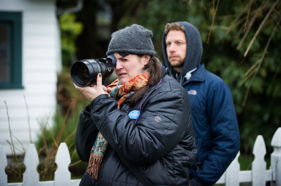 Director Megan Griffiths on the set of "Lucky Them" with director of photography Ben Kuchins.
